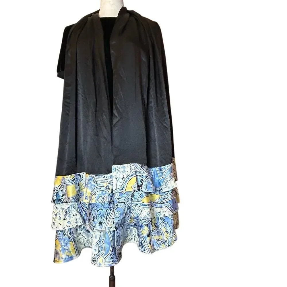 Carlisle Elegant Black Silk Cape Scarf Wrap Blue White Floral Paisley Hem Ruffle